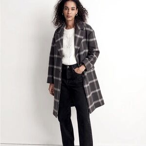 Madewell Hayden Windowpane Wool Coat, Charcoal Gray, Women’s Small